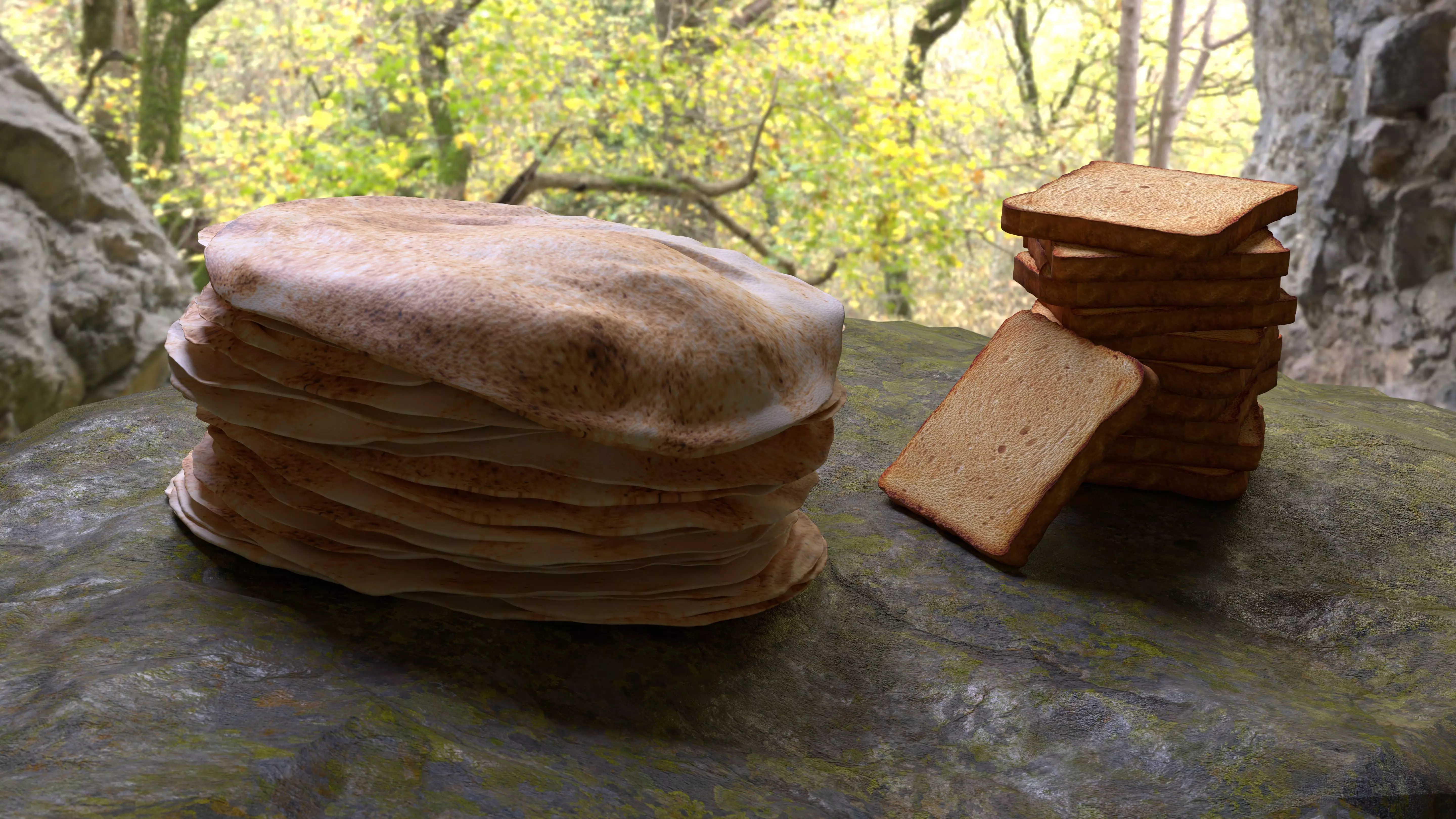 Photorealistic Pita Bread and Toast on a rock 3D model