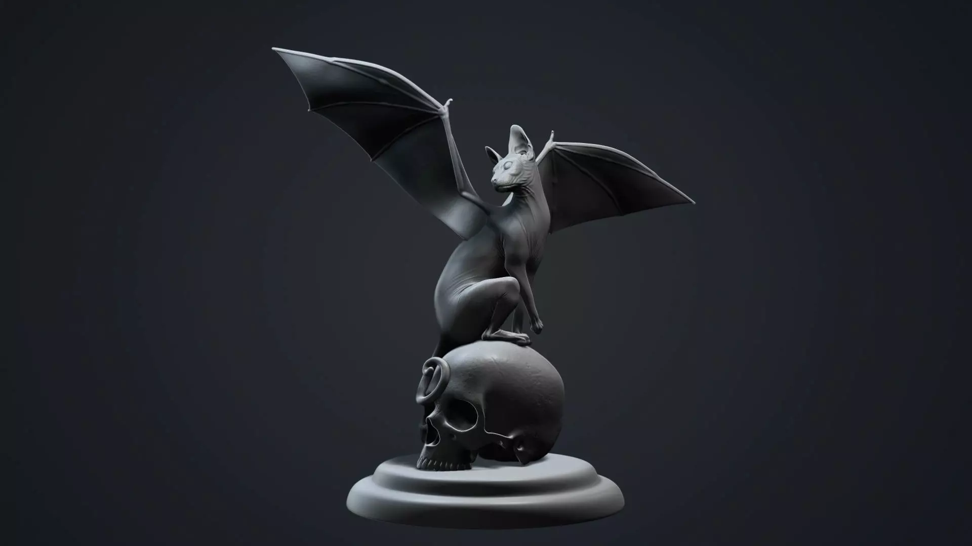 Halloween Bat Cat sitting on Skull 3D print model_0