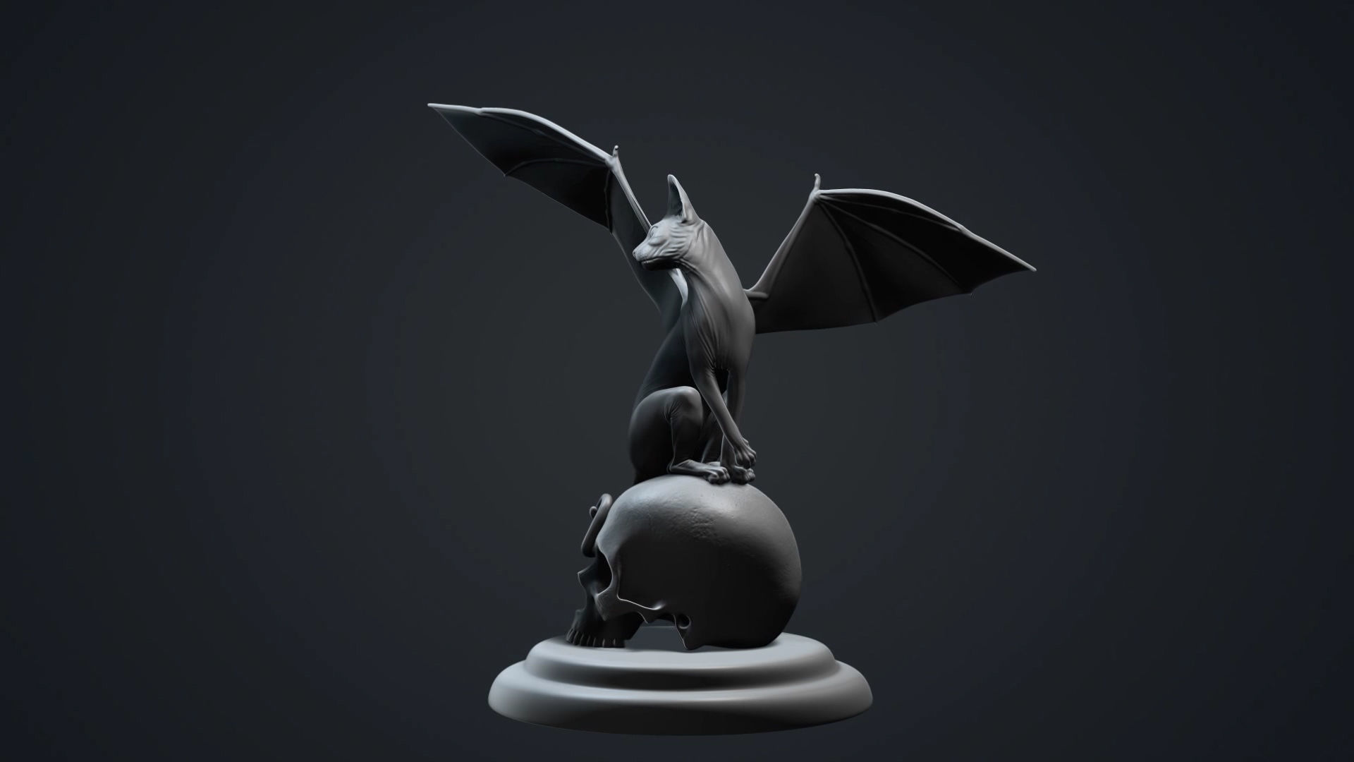 Halloween Bat Cat sitting on Skull 3D print model_4