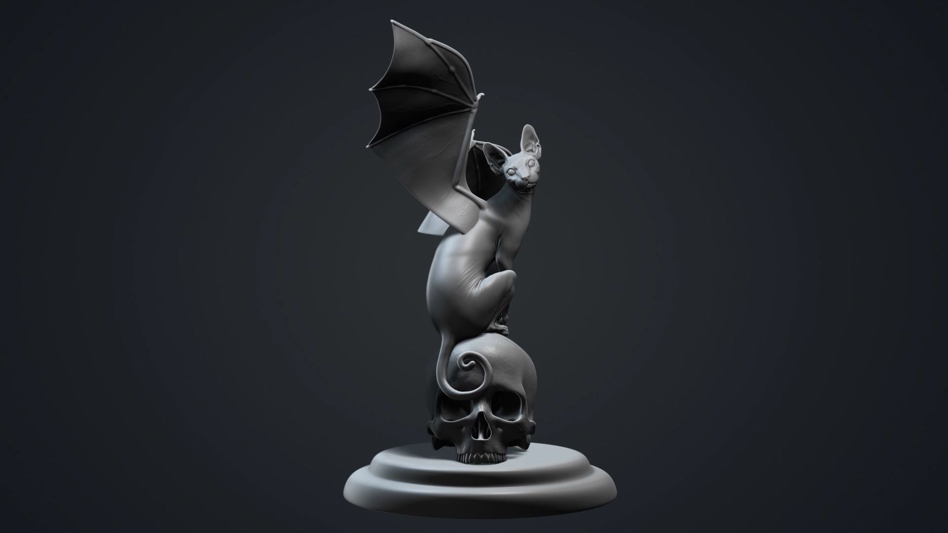 Halloween Bat Cat sitting on Skull 3D print model_1