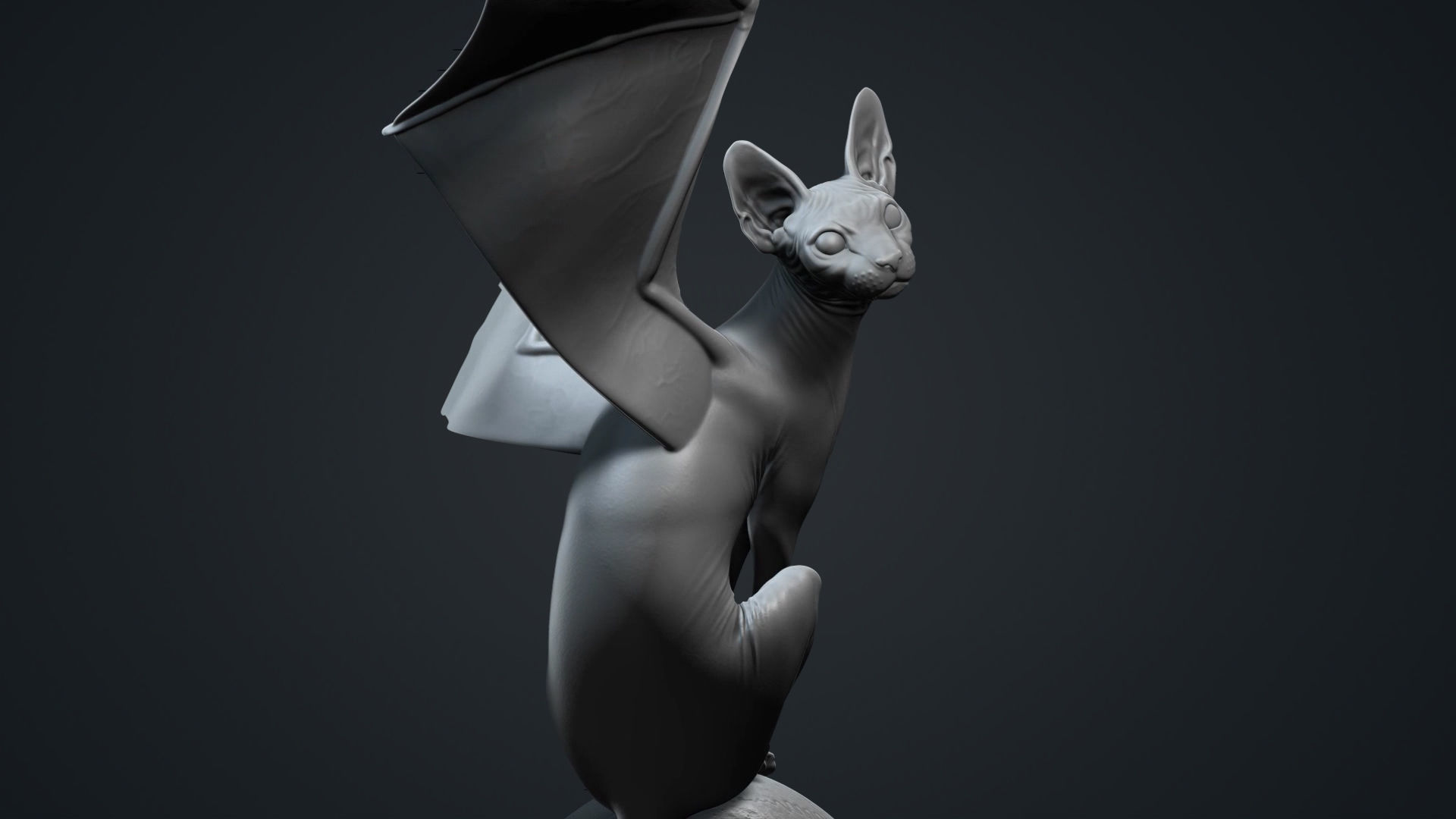 Halloween Bat Cat sitting on Skull 3D print model_6