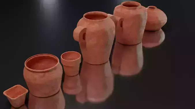 Old Variety of six Clay Pots Low-poly 3D model