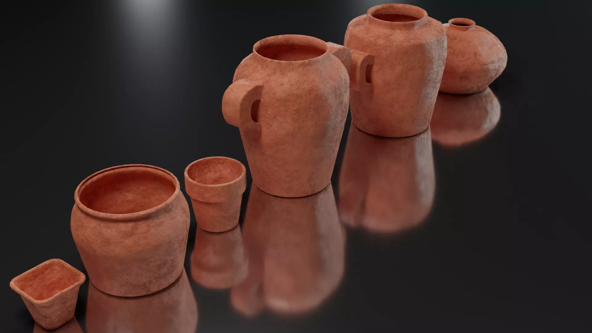 Old Variety of six Clay Pots Low-poly 3D model_0