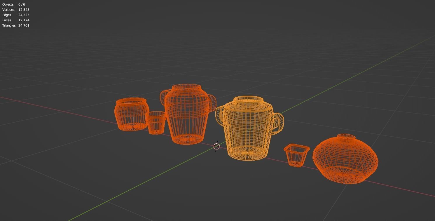 Old Variety of six Clay Pots Low-poly 3D model_4