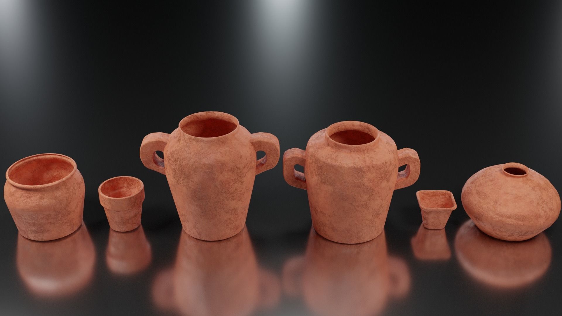 Old Variety of six Clay Pots Low-poly 3D model_1