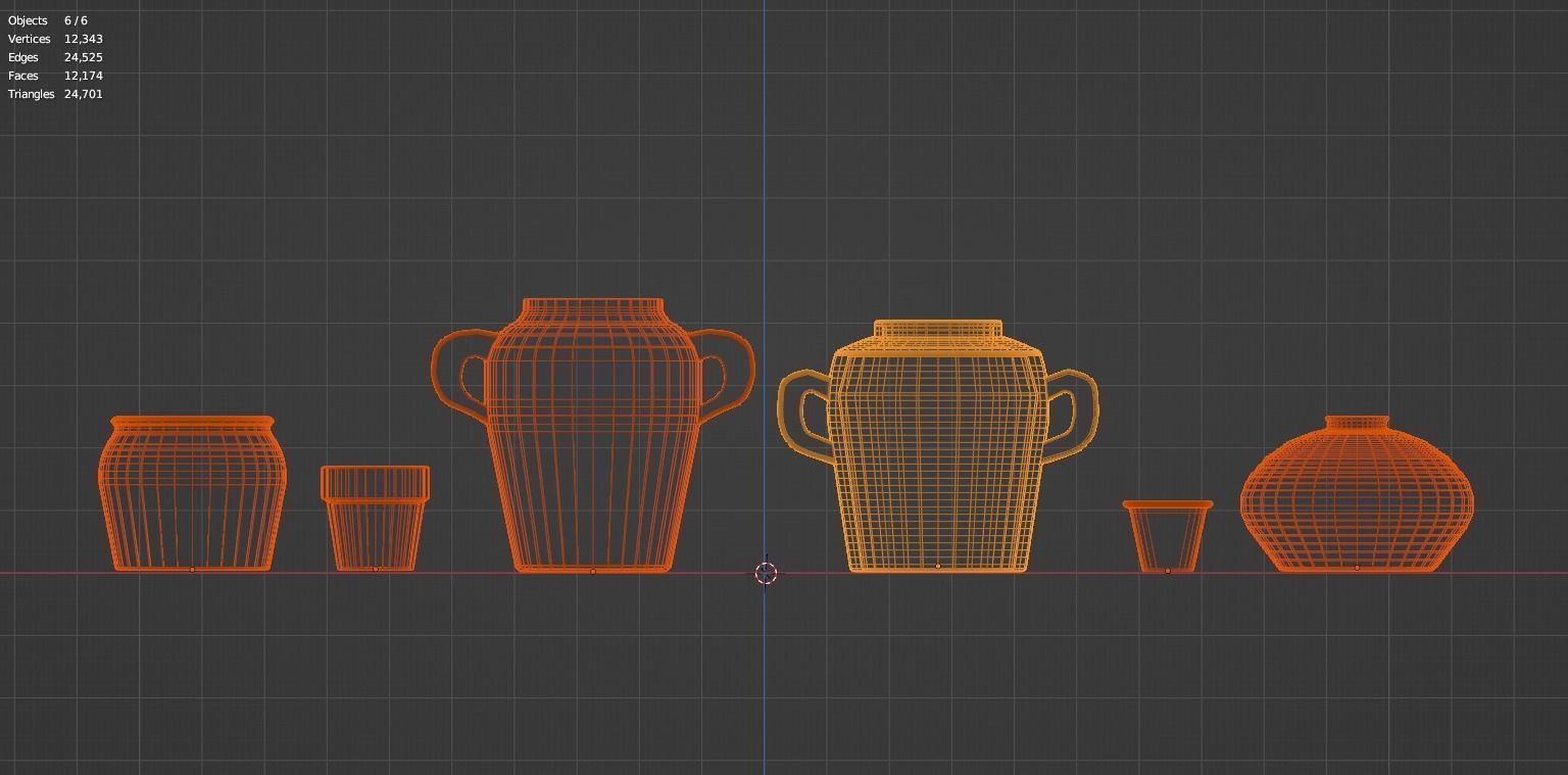 Old Variety of six Clay Pots Low-poly 3D model_3