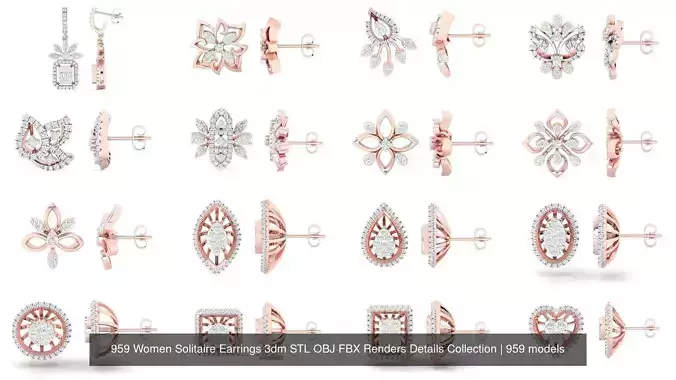 959 Women Solitaire Earrings 3dm STL OBJ FBX  Details Collection 