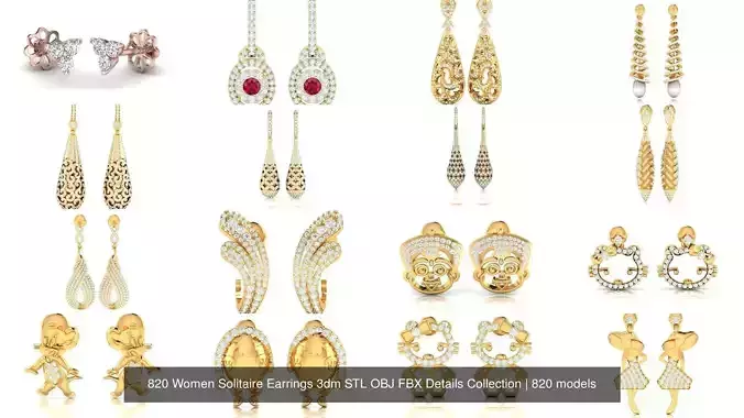 820 Women Solitaire Earrings 3dm STL OBJ FBX Details Collection 
