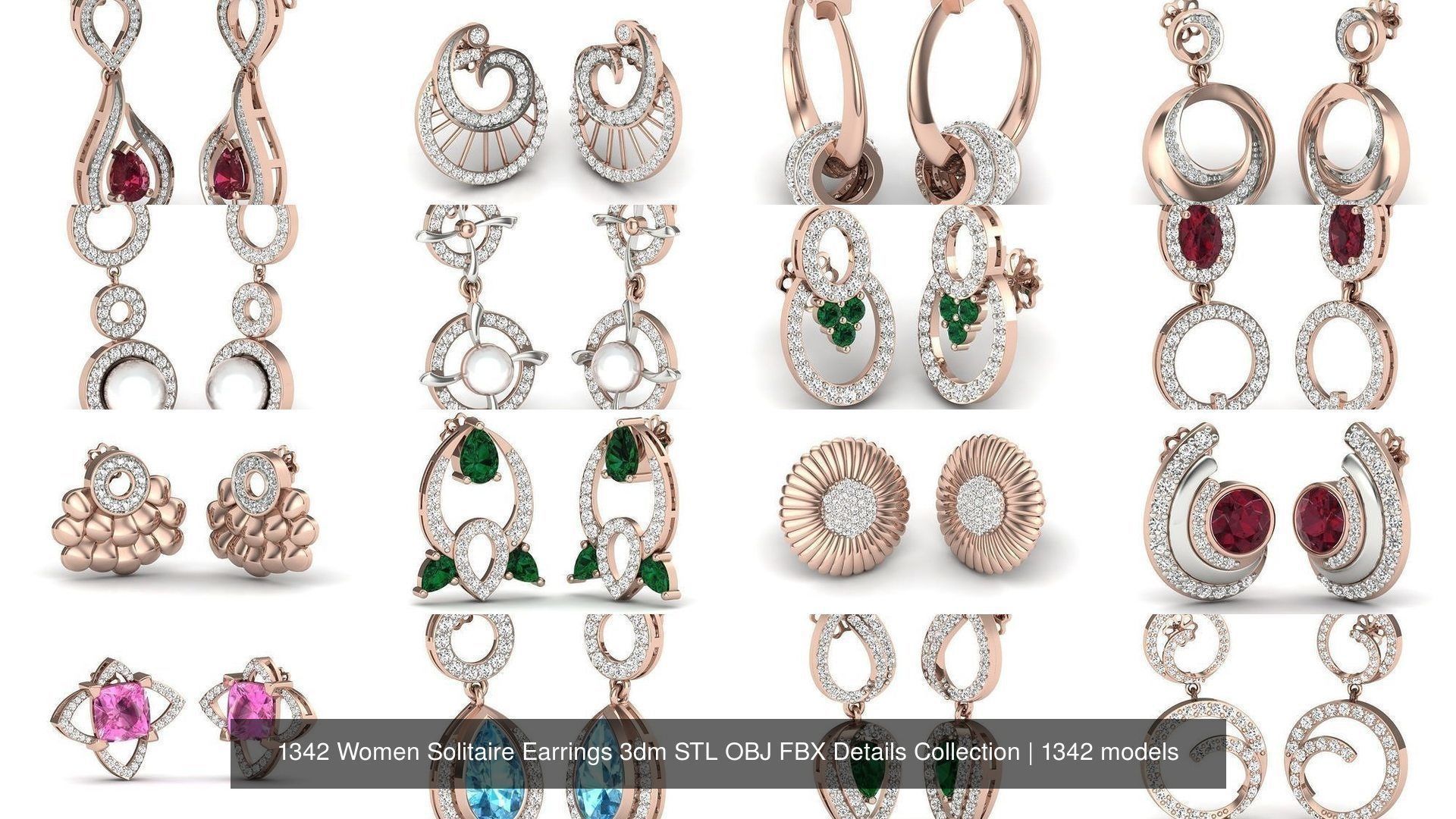 1342 Women Solitaire Earrings 3dm STL OBJ FBX Details Collection _5