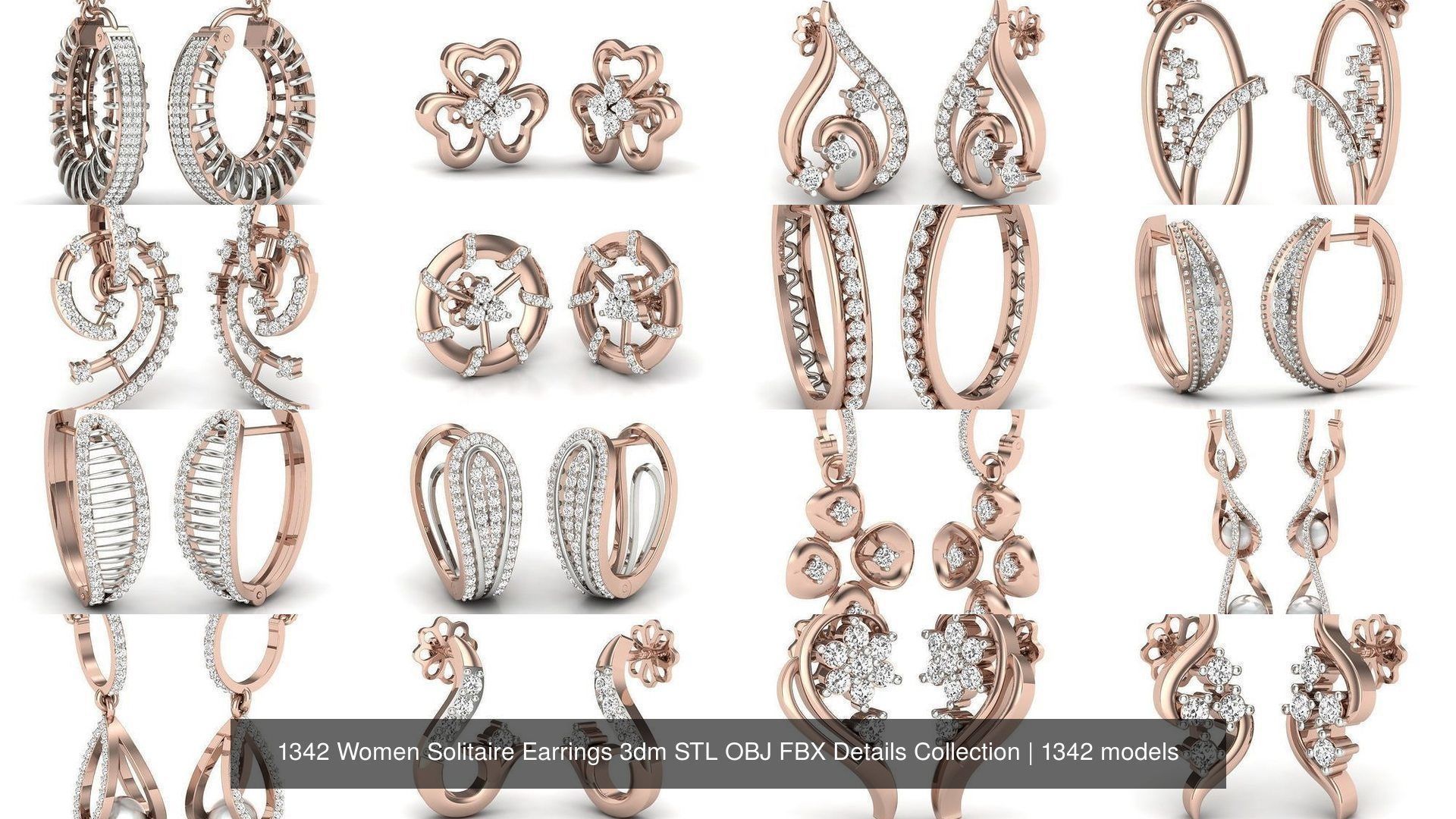 1342 Women Solitaire Earrings 3dm STL OBJ FBX Details Collection _106