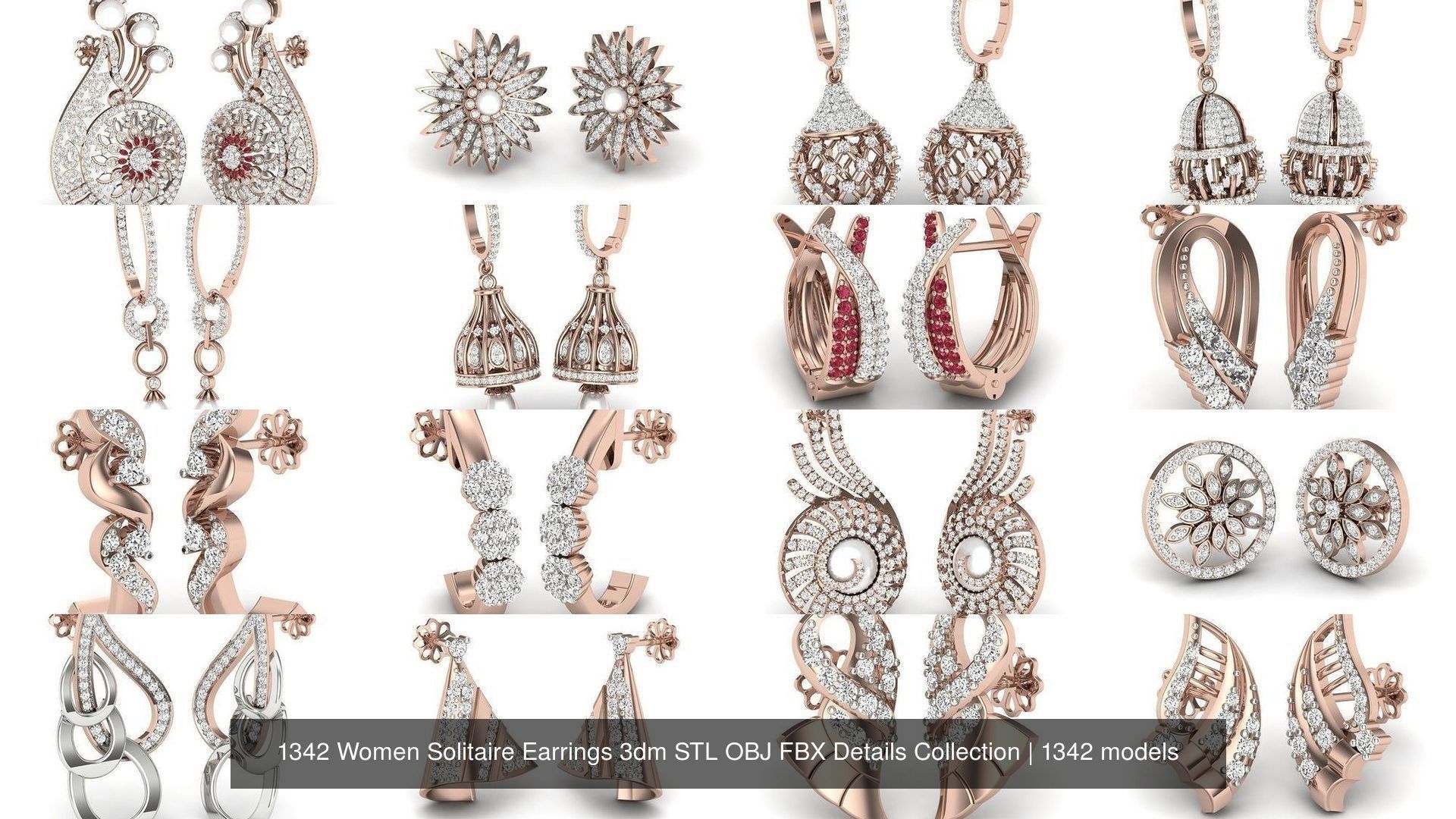 1342 Women Solitaire Earrings 3dm STL OBJ FBX Details Collection _183