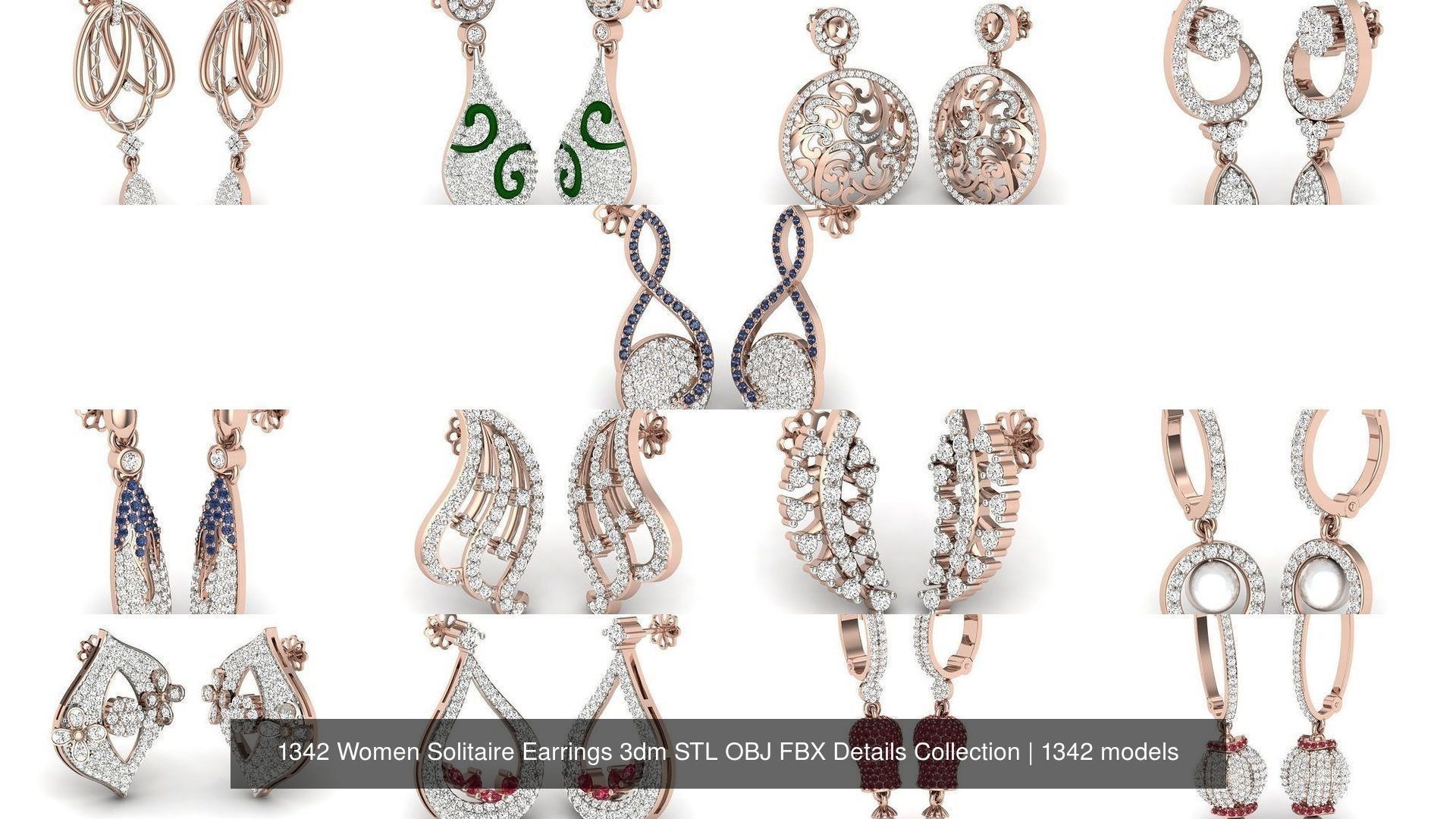 1342 Women Solitaire Earrings 3dm STL OBJ FBX Details Collection _174
