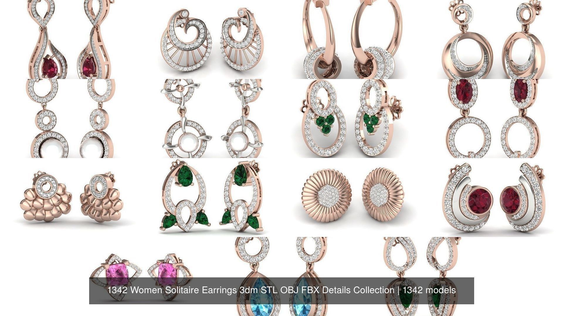 1342 Women Solitaire Earrings 3dm STL OBJ FBX Details Collection _1