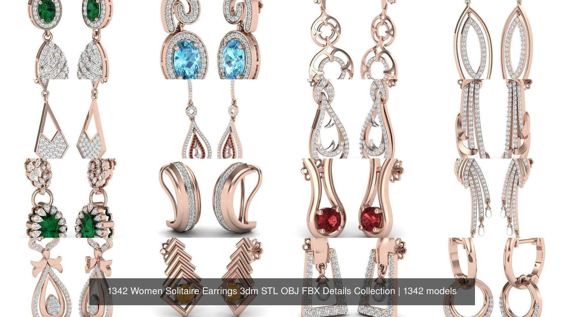 1342 Women Solitaire Earrings 3dm STL OBJ FBX Details Collection _32
