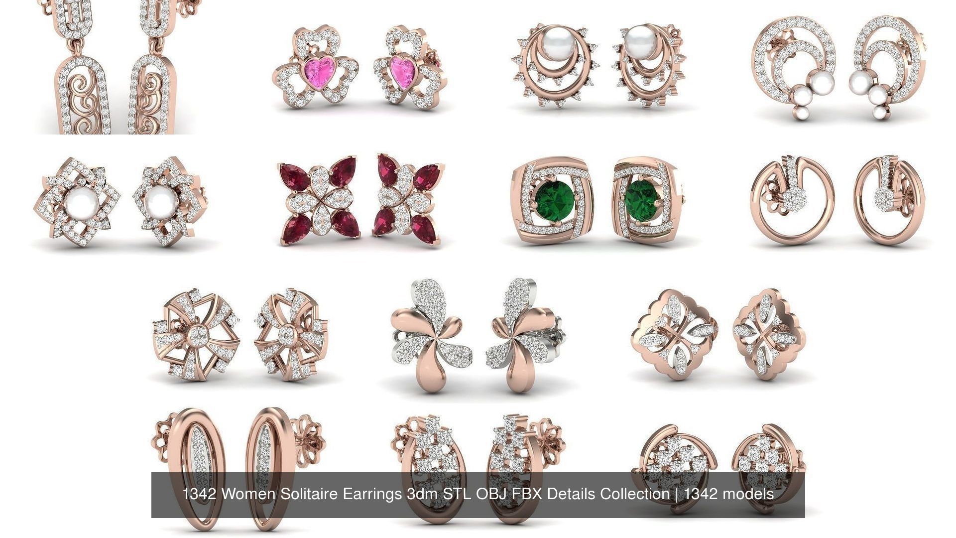 1342 Women Solitaire Earrings 3dm STL OBJ FBX Details Collection _85