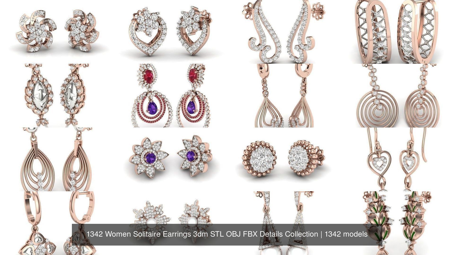 1342 Women Solitaire Earrings 3dm STL OBJ FBX Details Collection _140