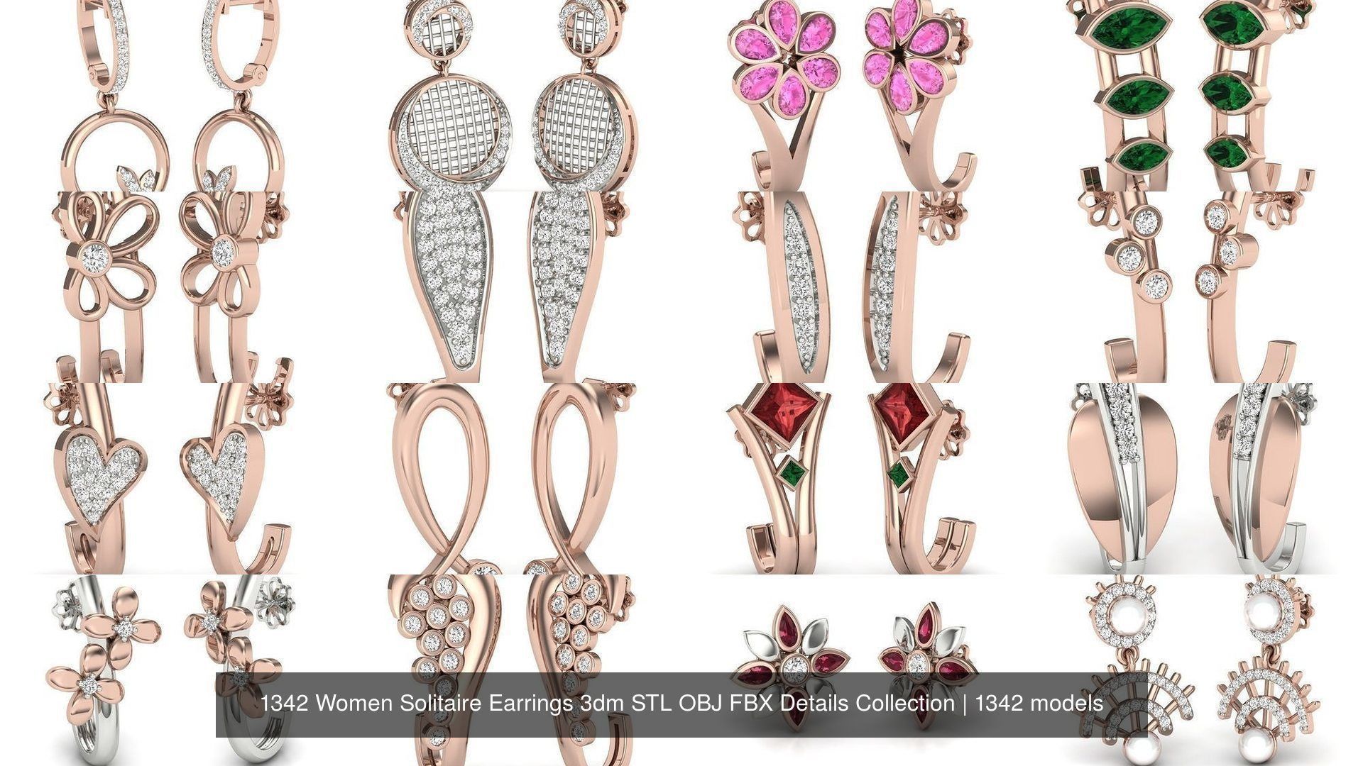 1342 Women Solitaire Earrings 3dm STL OBJ FBX Details Collection _51