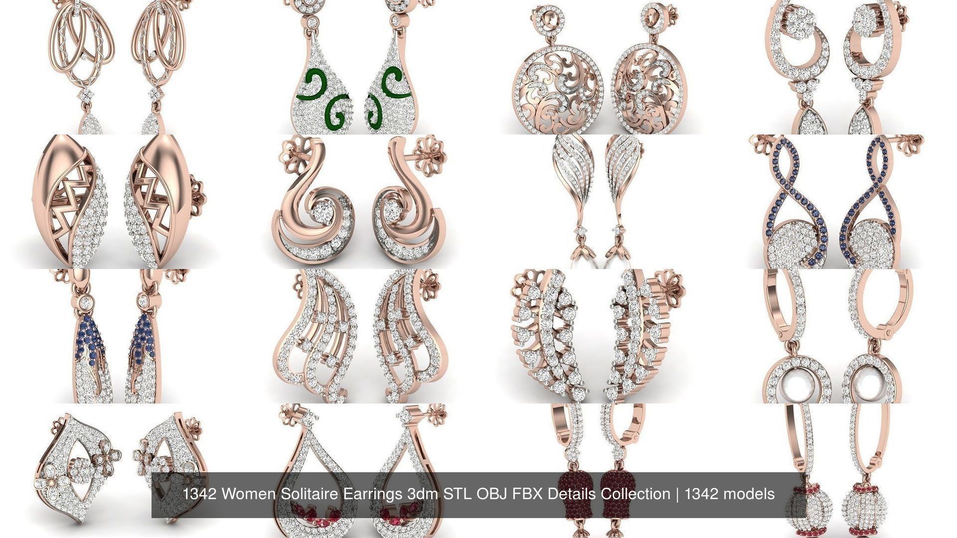 1342 Women Solitaire Earrings 3dm STL OBJ FBX Details Collection _171