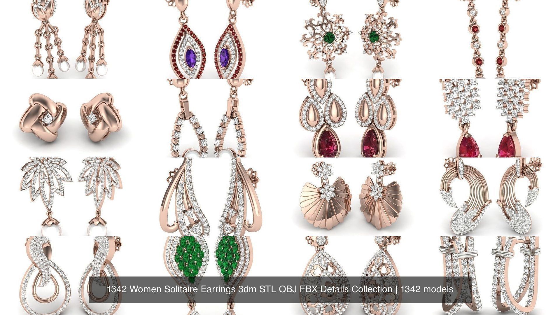 1342 Women Solitaire Earrings 3dm STL OBJ FBX Details Collection _155