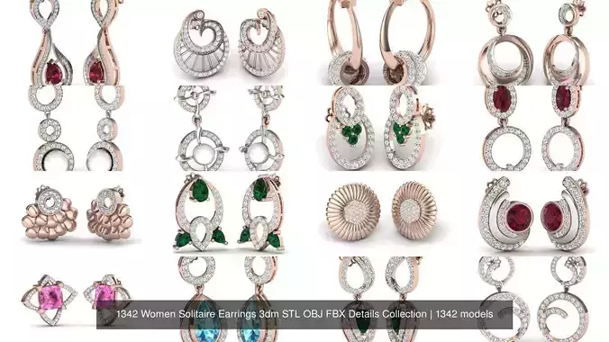 1342 Women Solitaire Earrings 3dm STL OBJ FBX Details Collection 