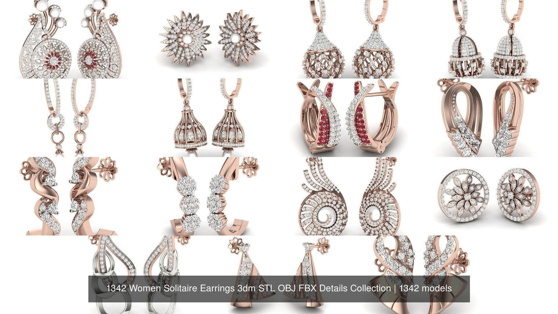 1342 Women Solitaire Earrings 3dm STL OBJ FBX Details Collection _187