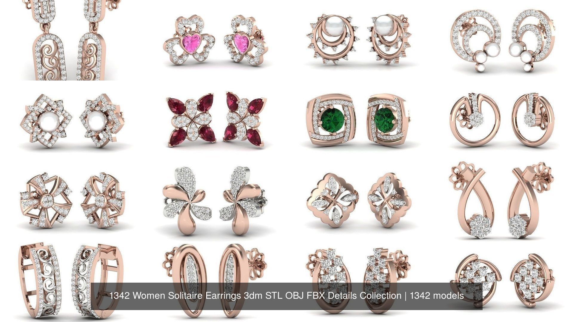 1342 Women Solitaire Earrings 3dm STL OBJ FBX Details Collection _79