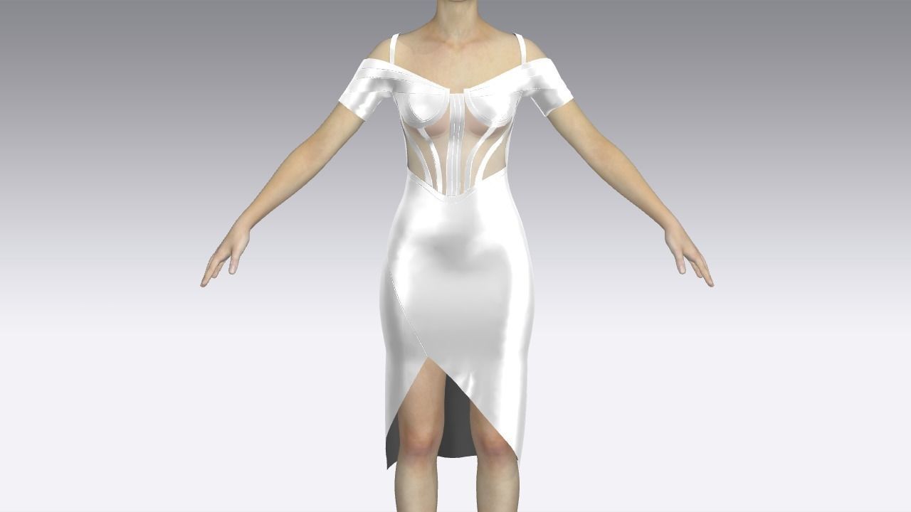 CORSET BLOUSE  DRESS NECKLINE WIDE PEARL WHITE COLOR  3D model_1