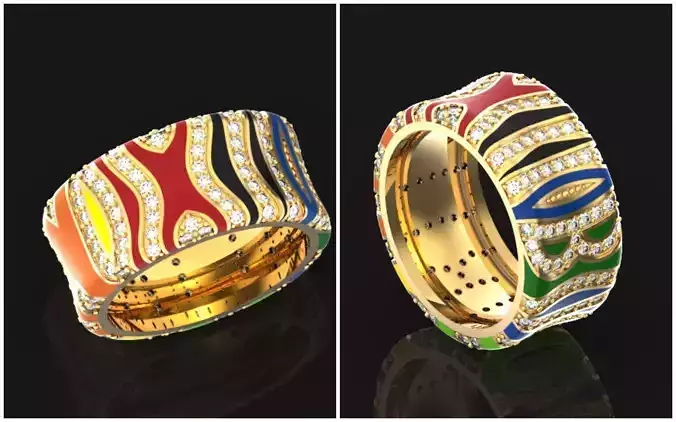 wide ring with multicolored enamel and diamonds 734