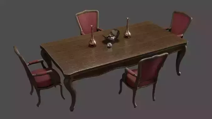 Wooden dinning table with chairs and decorative centrepiece