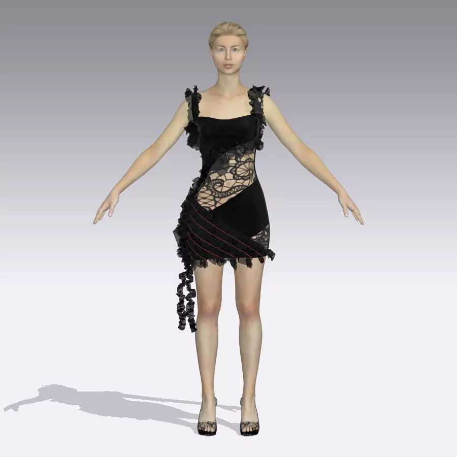 DRESS LACE RUFFLED DETAIL ASYMETRIC TAIL   3D model_0