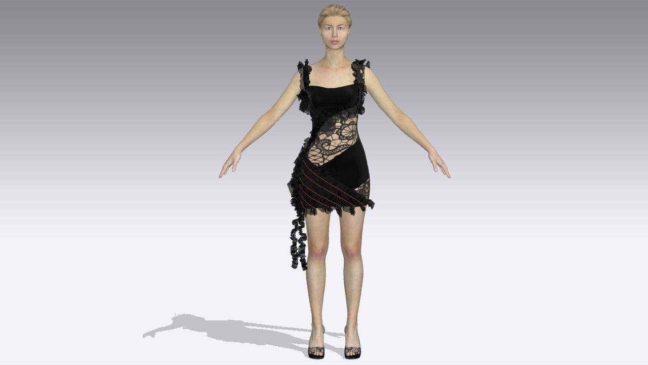 DRESS LACE RUFFLED DETAIL ASYMETRIC TAIL   3D model_1