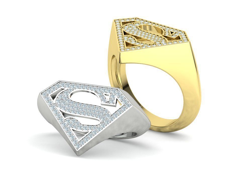 Superman Diamond Signet Ring 3dprint model 8-13US sizes 3D print model_3