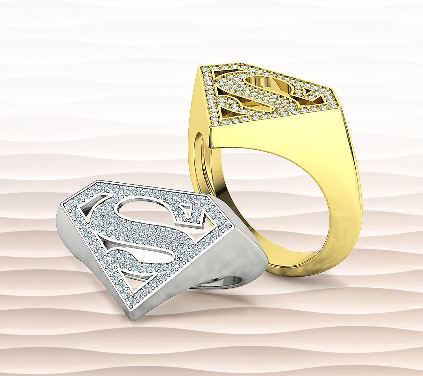 Superman Diamond Signet Ring 3dprint model 8-13US sizes 3D print model_1
