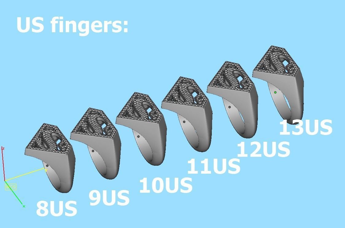 Superman Diamond Signet Ring 3dprint model 8-13US sizes 3D print model_14