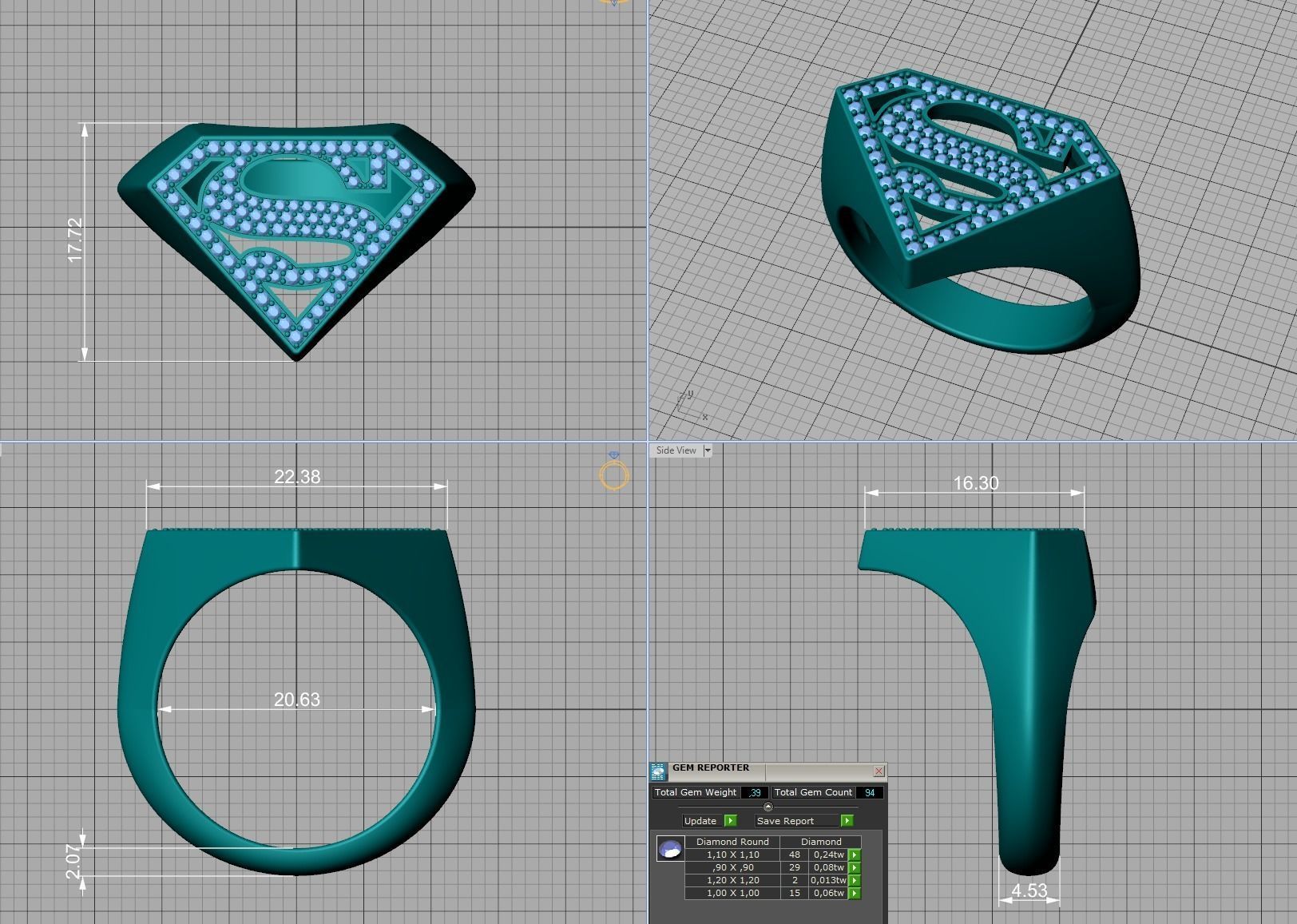 Superman Diamond Signet Ring 3dprint model 8-13US sizes 3D print model_11