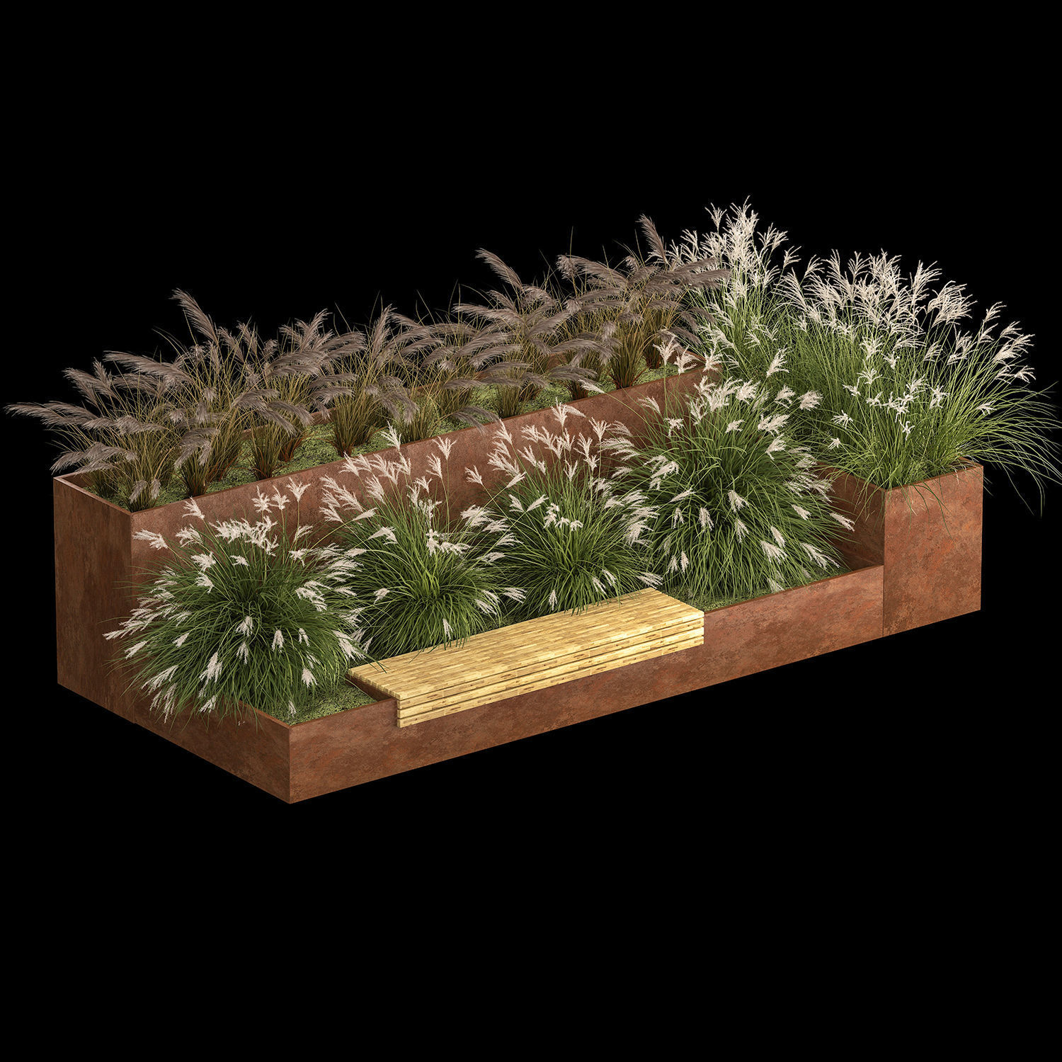 Flowerbed With Bushes In Rusty Flowerpots 1137 3D model_1