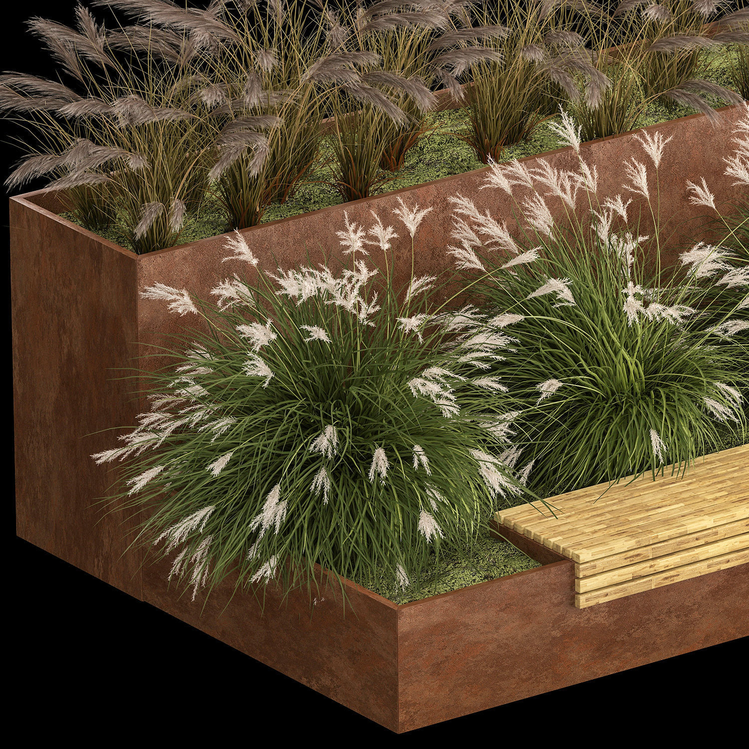 Flowerbed With Bushes In Rusty Flowerpots 1137 3D model_3