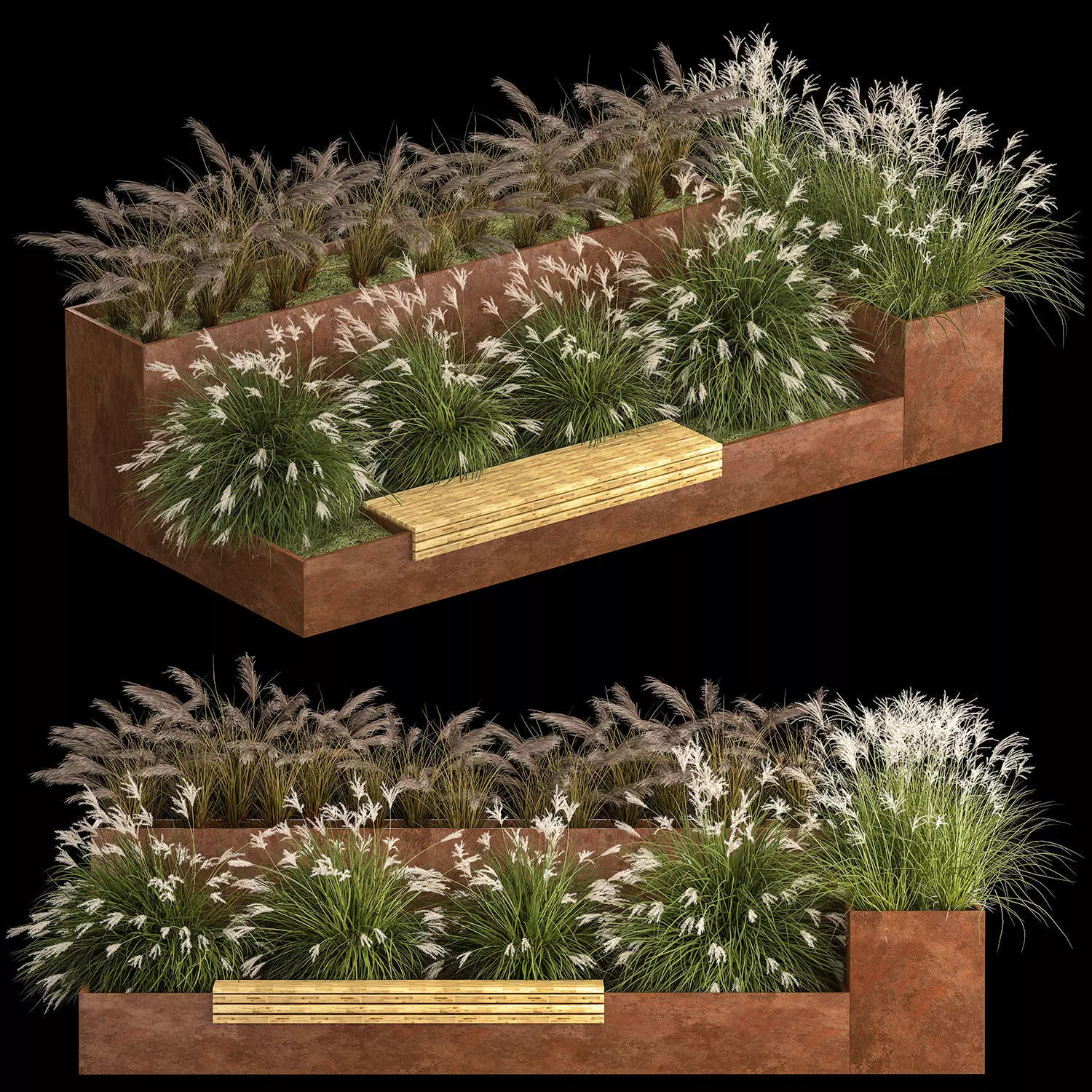 Flowerbed With Bushes In Rusty Flowerpots 1137 3D model_0