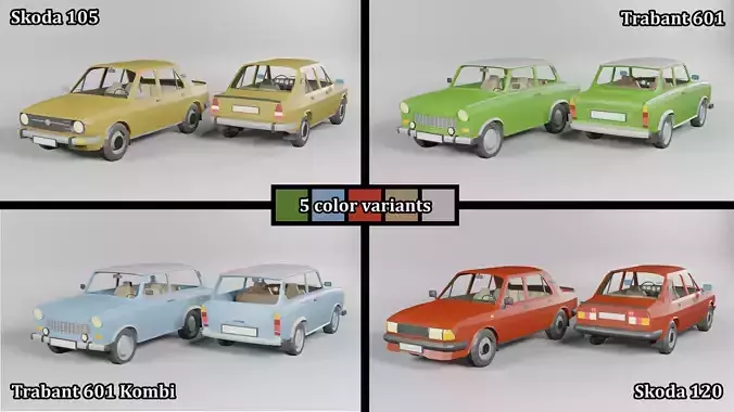 Lowpoly soviet cars PACK Trabant and Skoda 3D Model Collection