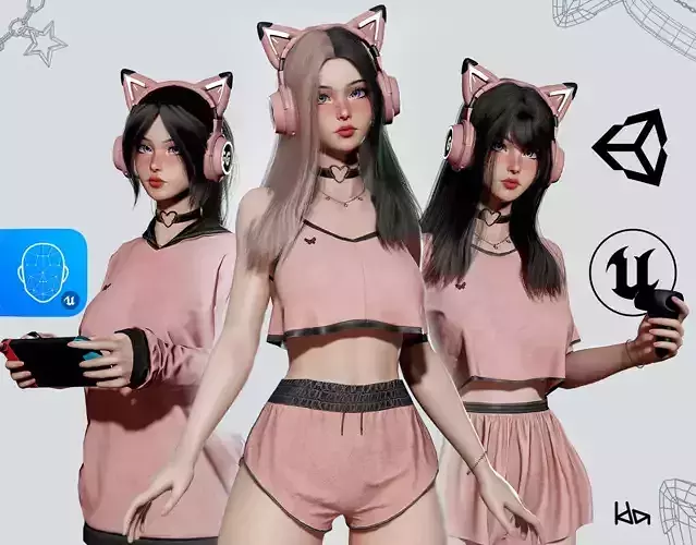 Gamer Girl - Game Ready Low-poly 3D model