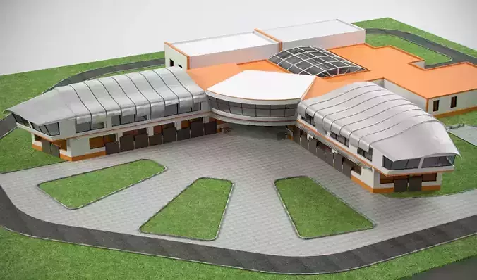 School building on grass 3D model