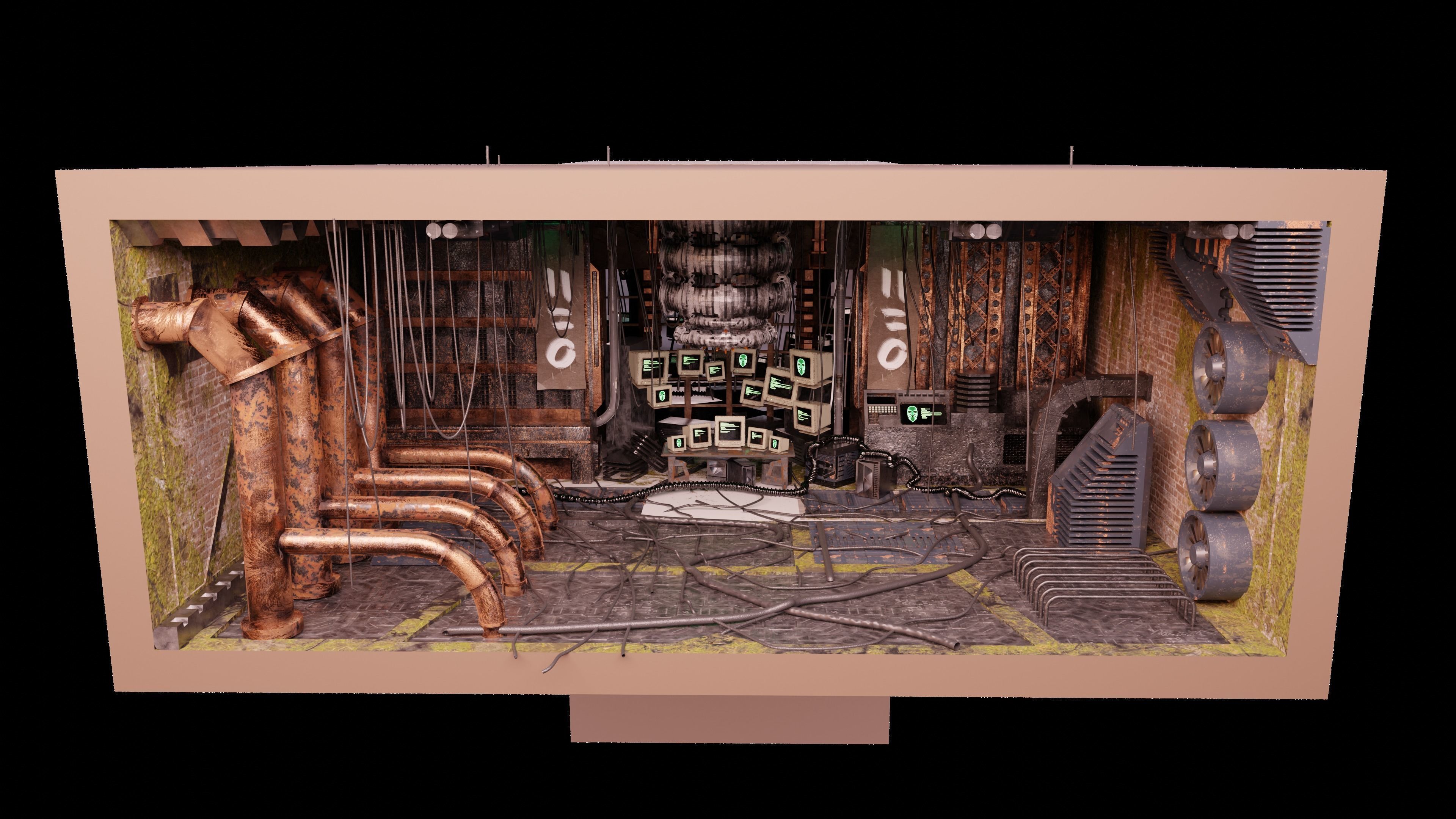 3d lowpoly Cyberpunk style dystopic computer room Low-poly 3D model_4