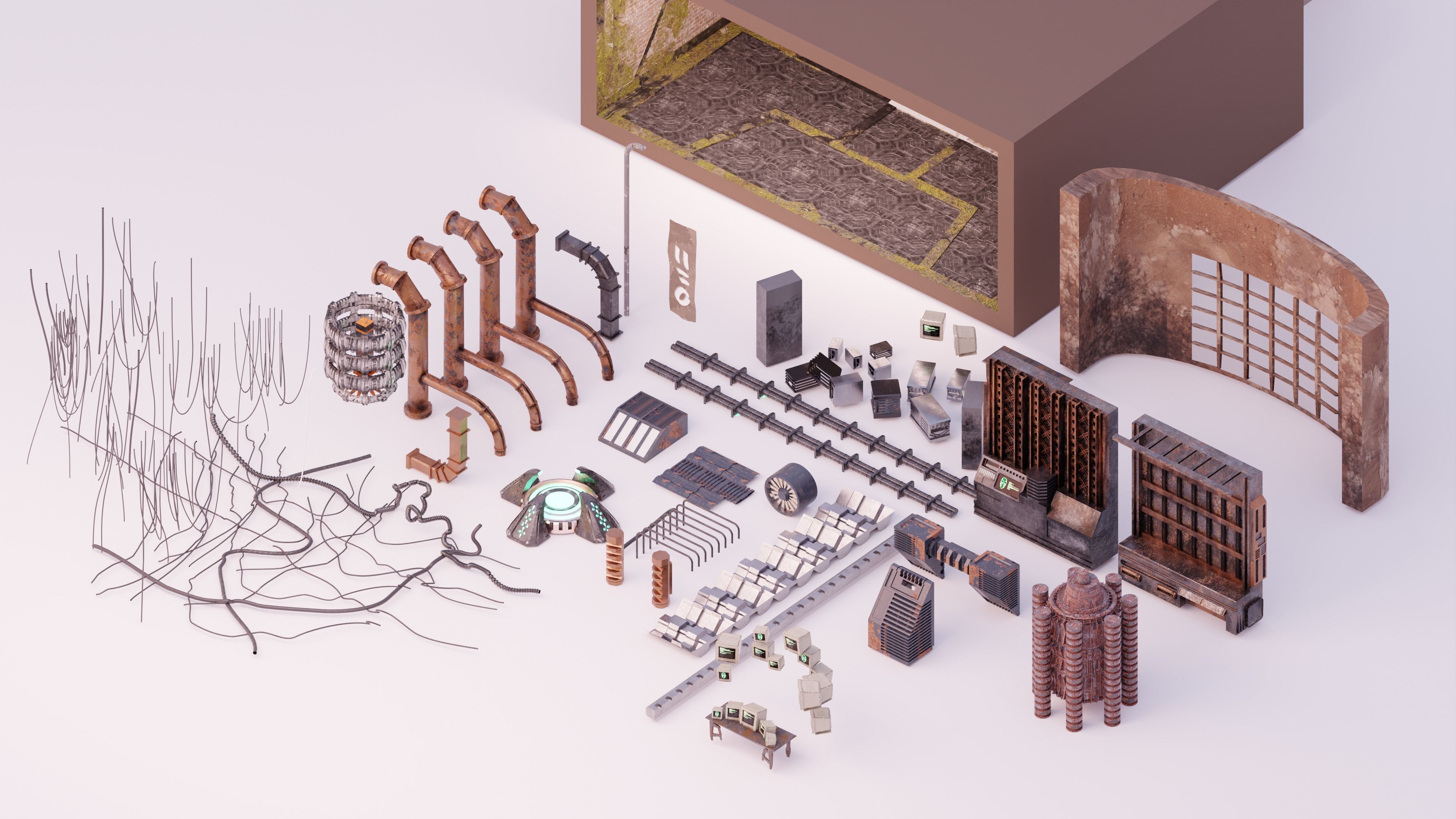 3d lowpoly Cyberpunk style dystopic computer room Low-poly 3D model_8