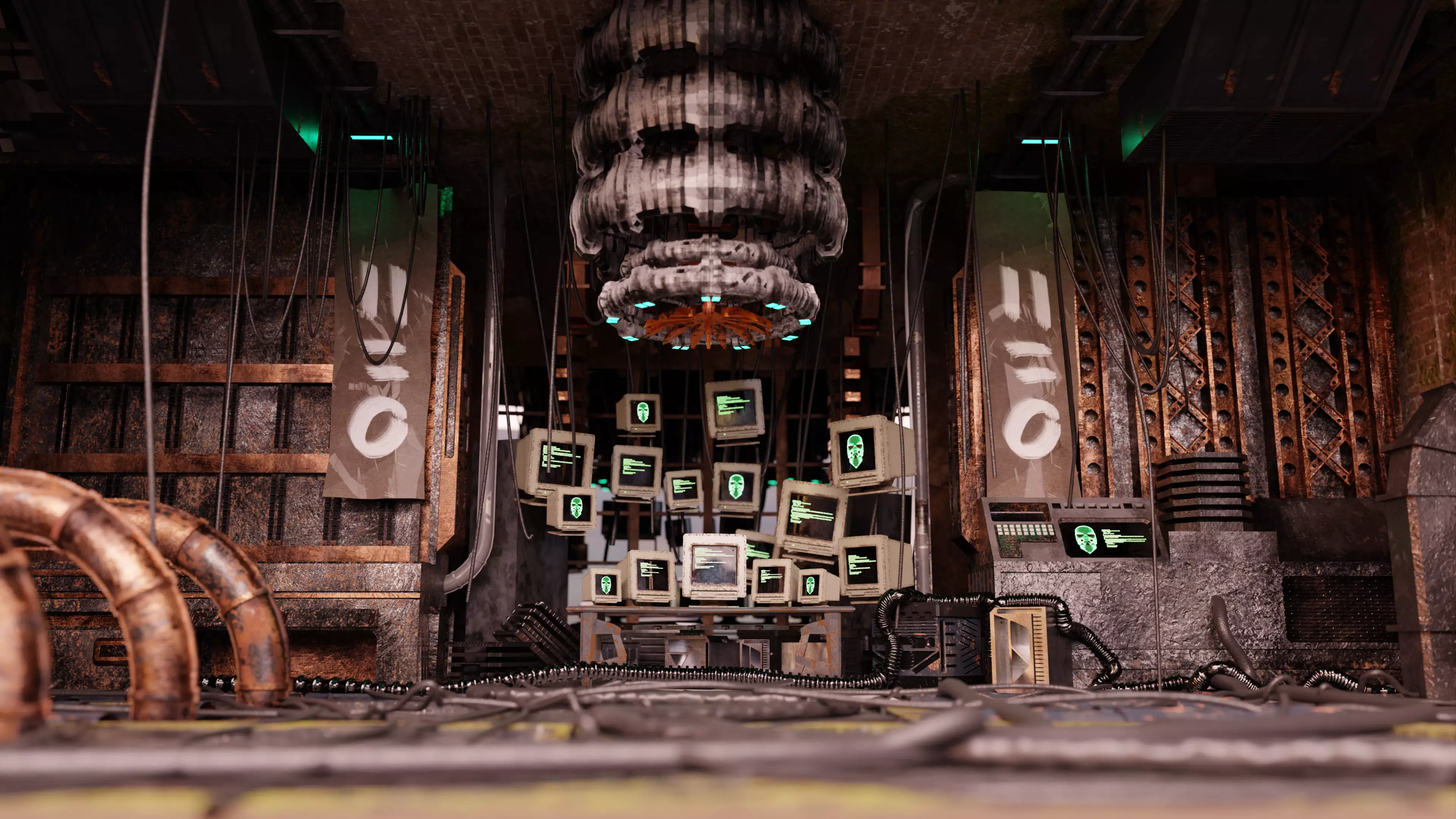 3d lowpoly Cyberpunk style dystopic computer room Low-poly 3D model_0