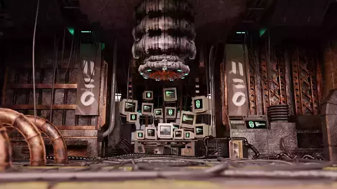 3d lowpoly Cyberpunk style dystopic computer room Low-poly 3D model