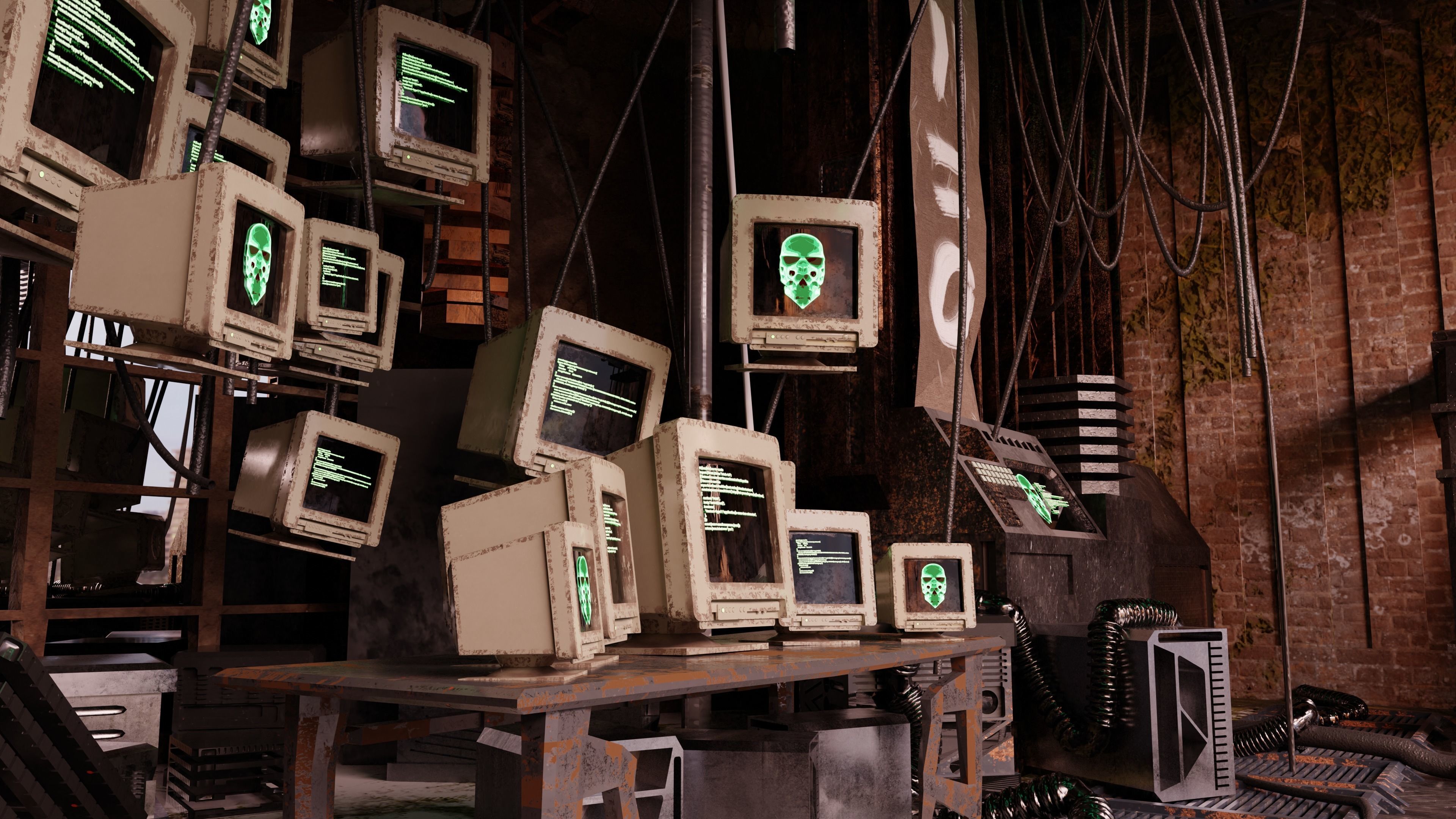 3d lowpoly Cyberpunk style dystopic computer room Low-poly 3D model_1