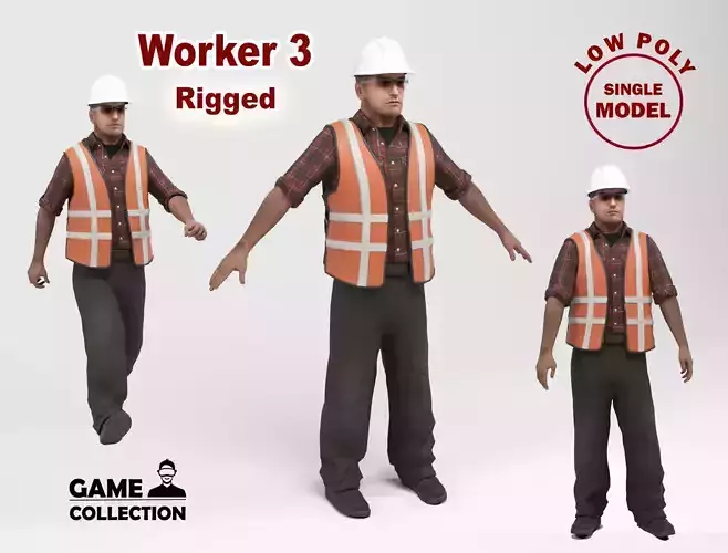 Worker 3 construction wearing hard hat and safety vest Low-poly 3D model