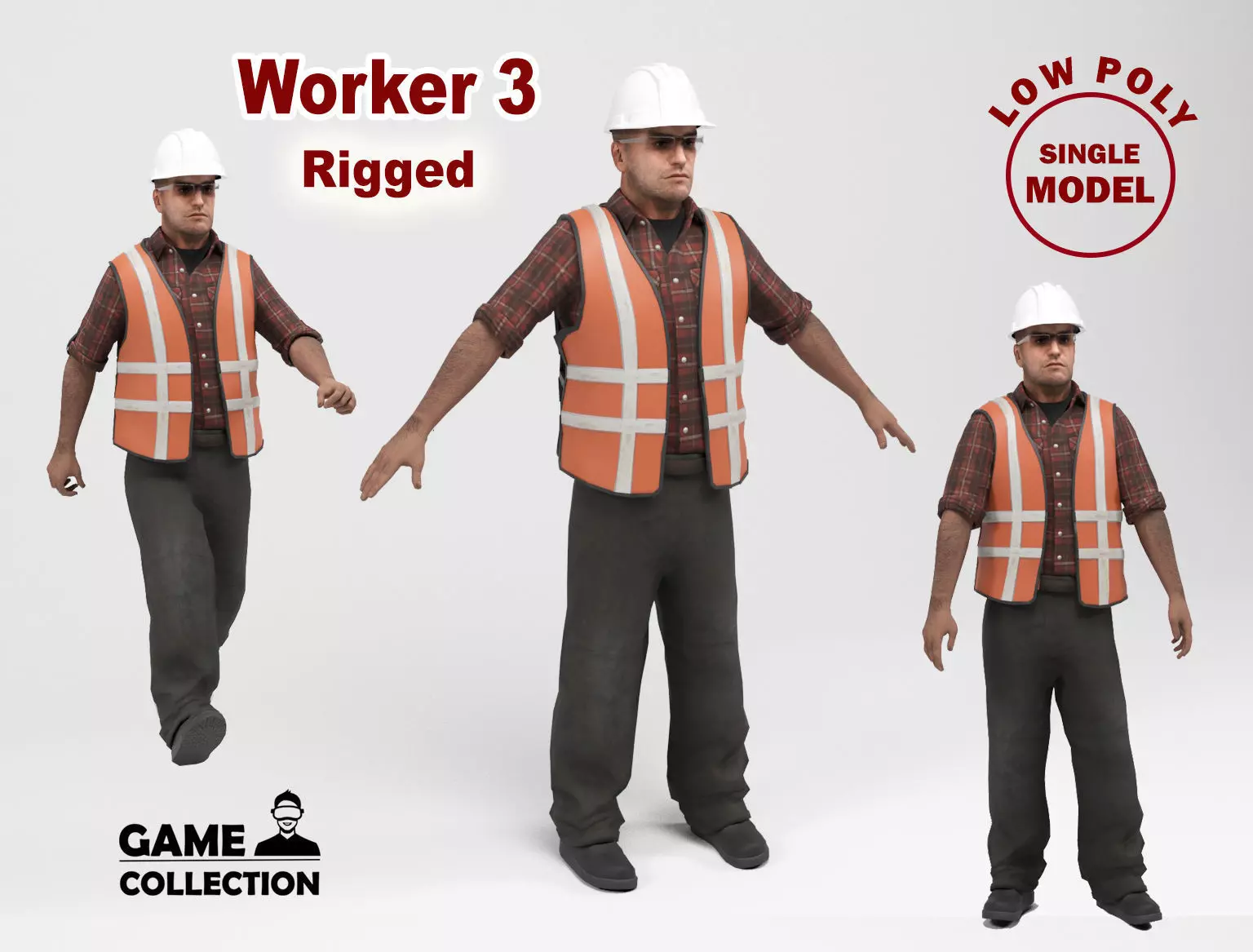Worker 3 construction wearing hard hat and safety vest Low-poly 3D model_0