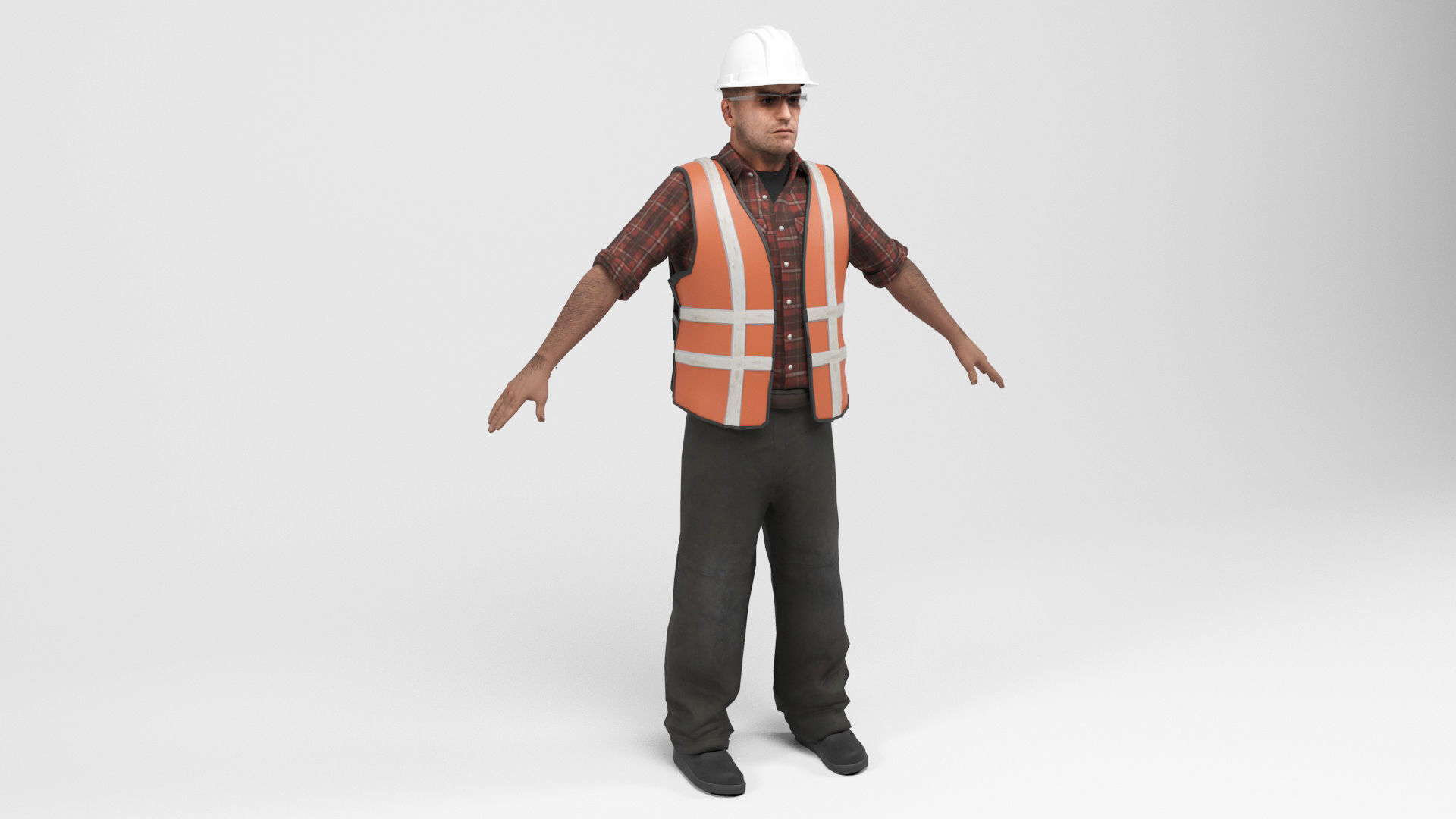 Worker 3 construction wearing hard hat and safety vest Low-poly 3D model_1