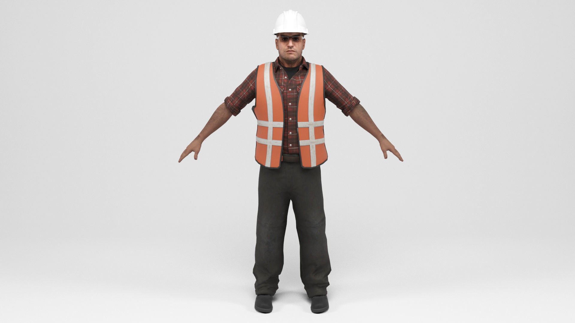 Worker 3 construction wearing hard hat and safety vest Low-poly 3D model_2
